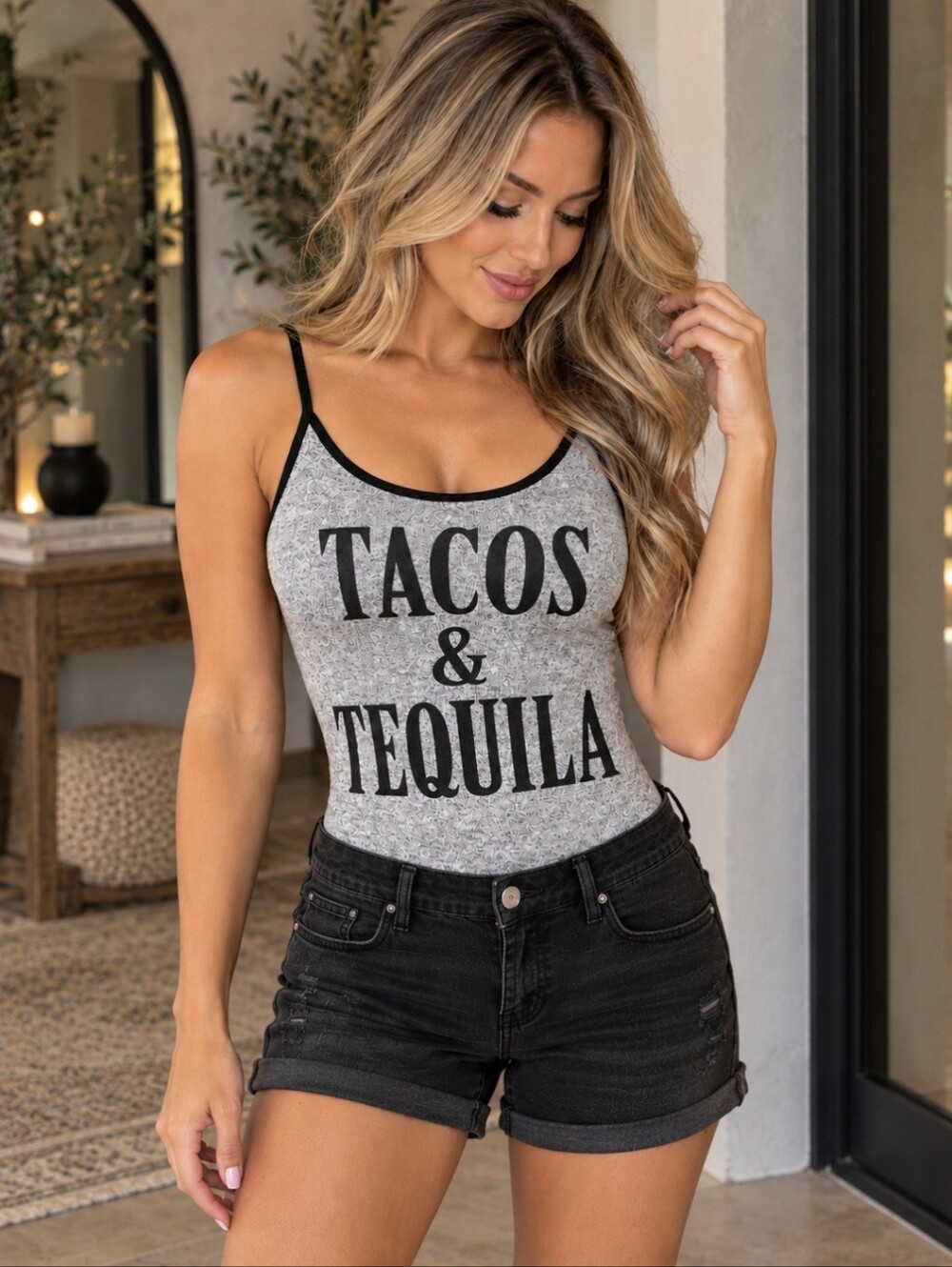 G Mini Tacos & Tequila Graphic Bodysuit Gray Black Trim Y2K Size Small